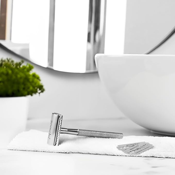 ZOMCHI Double Edge Safety Razor for Men & Women, Metal Razor with 5 Double Edge Safety Razor Blades, Single Blade Razor – Silver