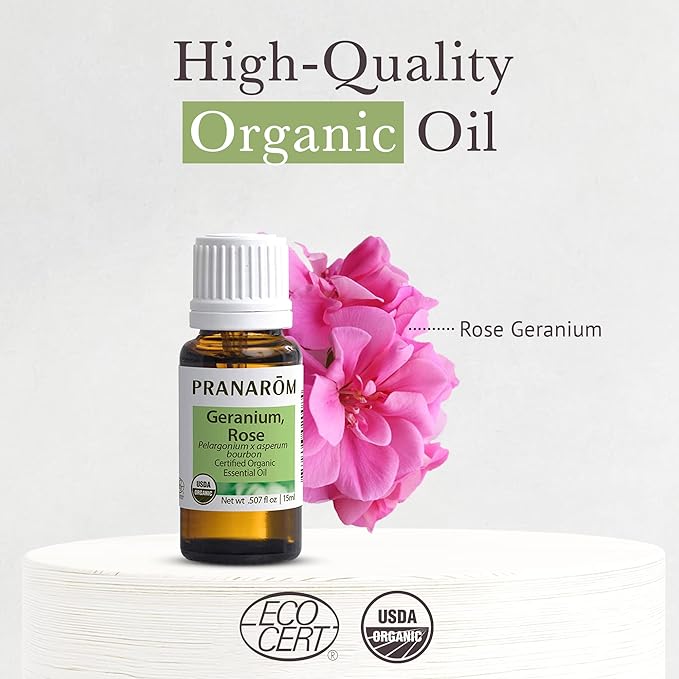 Pranarom USDA Certified Organic Rose Geranium Essential Oil (5ml), 100% Pure Undiluted Therapeutic Grade from Madagascar for Aromatherapy, Diffuser, Skincare, Relaxation, Pure Rose Scent