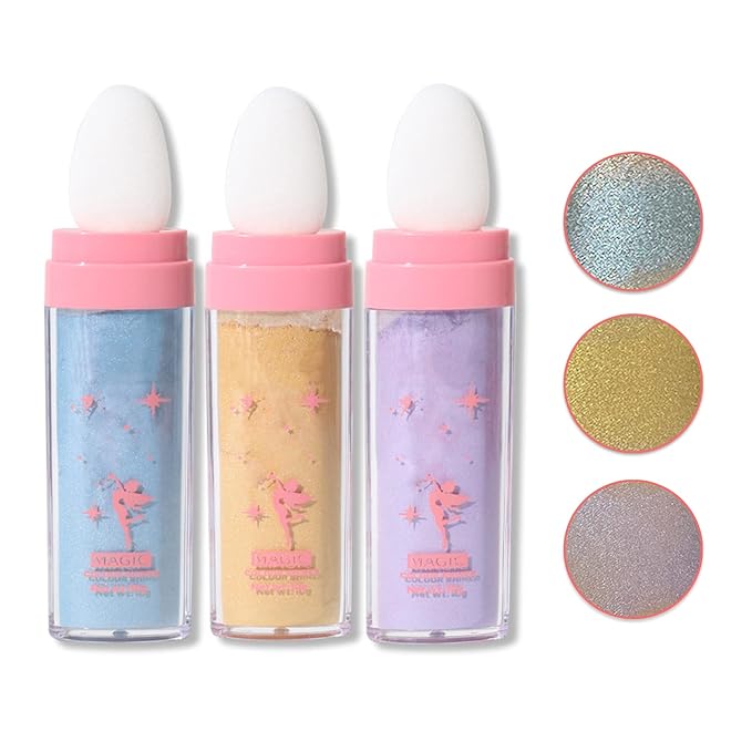 3PCS Polvo De Hadas Highlighter Glitter Stick Body Glitter Shimmer Face Brightening Highlighter Contour Powder Makeup Stick Face Blusher Fairy Glitter Highlighter Makeup - Blue,Yellow,Purple