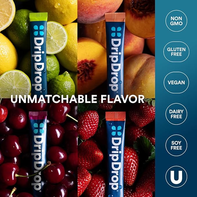 DripDrop Hydration Packets - Sunburst Variety Pack - Single Serve Electrolytes Powder Drink Mix - Lemon Lime, Strawberry, Peach, Black Cherry - Non-GMO, Gluten Free, Vegan - 16 Sticks