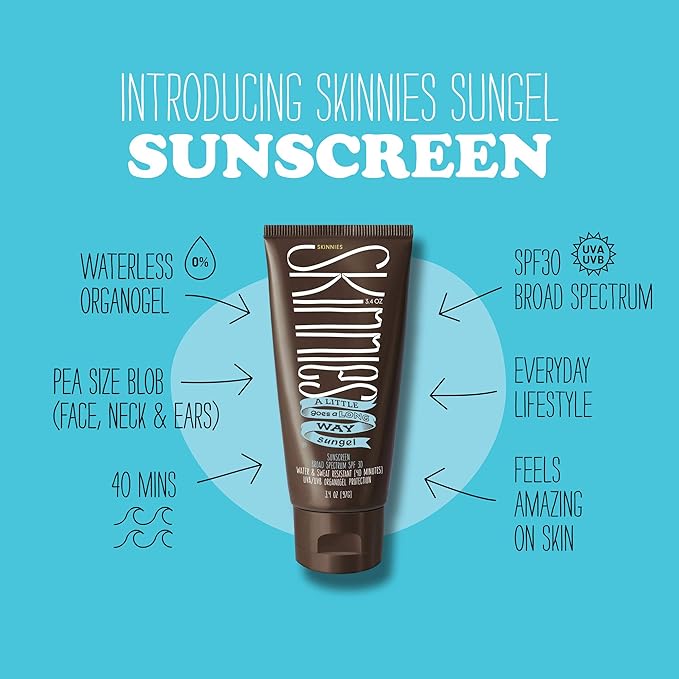 Skinnies Sungel New Formula SPF30 Eco Sunscreen, 3.4oz UVA UVB, Not Diluted With Water, Reef Safe, Vegan, Use Pea Size Blob
