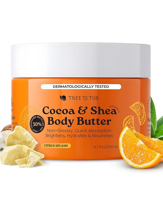 Tree to Tub Shea Body Butter for Dry, Extremely Dry, Sensitive Skin - Moisturizing Body Cream for Women & Men, Hydrating Body Lotion Moisturizer w/Vitamin C, Organic Cocoa, Citrus Scent