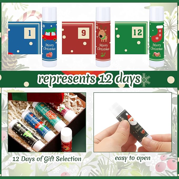 48 Pcs Christmas 12 Days Holiday Lip Balm Gift Set Lip Care Assorted Flavors Ingredients Lip Balm for Dry Chapped Lip Women Men Children Coworker 12 Assorted Flavors Christmas Party