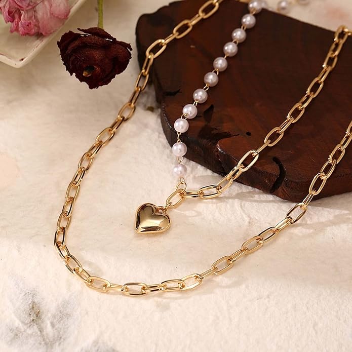 Boho Layered Pearl Choker Necklace Chain Vintage Gold Heart Pendant Cuban Chain Necklace Rock Statement Pearl Heart Necklace Asymmetrical Pearl Strand Necklace Jewelry for Women and Girls