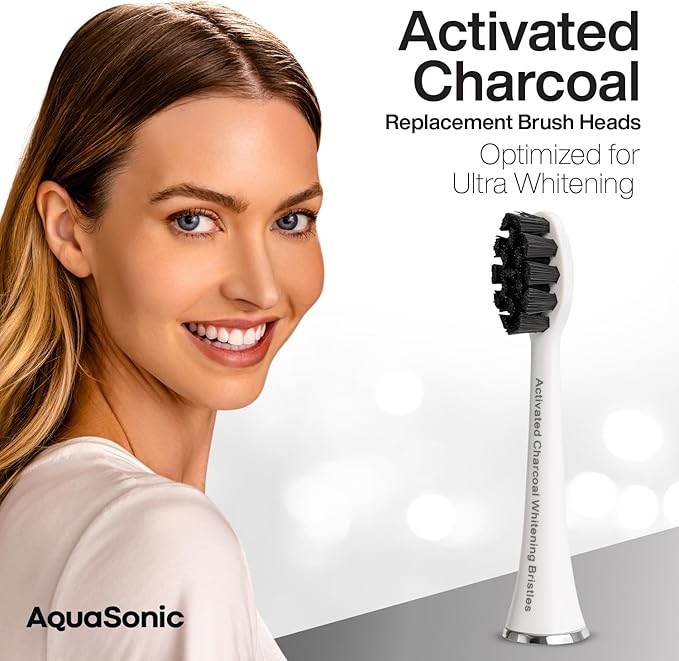 AquaSonic 2-Pack Activated Charcoal Brush Heads - Ultra Whitening Brush Heads - 2X Whitening & Stain Remover - for Black Series, Black Series Pro, Vibe Series, Duo Pro Series (White)