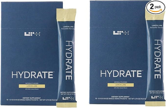 LTH Hydrate Hydration Mix - Trusted by Life Time Fitness Members - NSF Certified for Sport - Electrolyte Powder - Plant-Based, Non-GMO, Gluten Free - 15 Single-Serve Packets (Lemon Lime) - 2-Pack