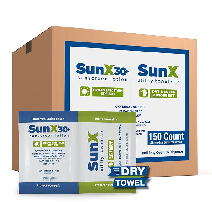Sun X SPF 30+ Broad Spectrum Sunscreen Lotion Foil Pack Single Dose with Attached Dry Towelette, 150 Count