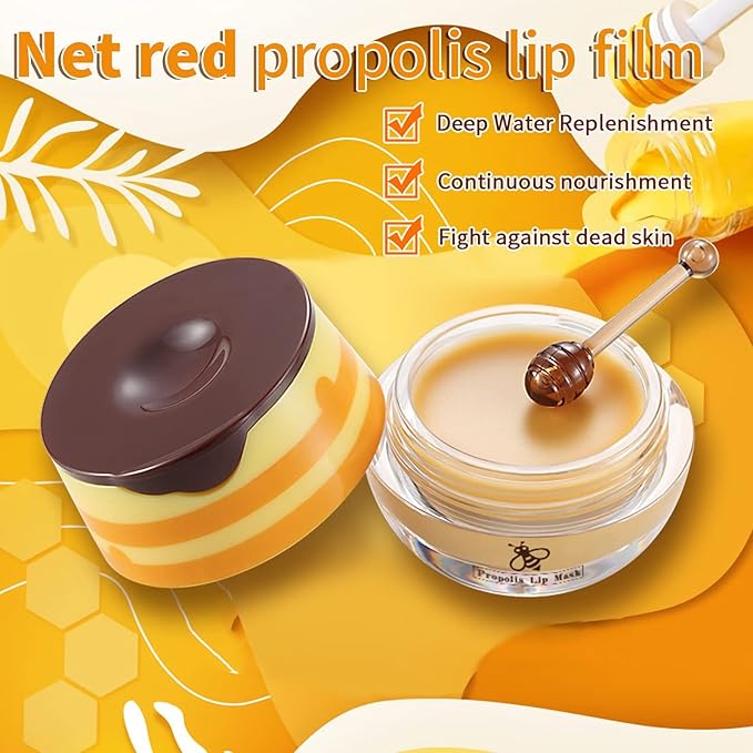 4PCS Nourishing Lip Balm Honey Pot, Honey Pot Lip Mask Propolis Moisturizing Bee Lip Balm with Brush, Hydrating & Prevention Dry and Cracked Lip Sleeping Mask Reduces Lip Lines Lip Care Product