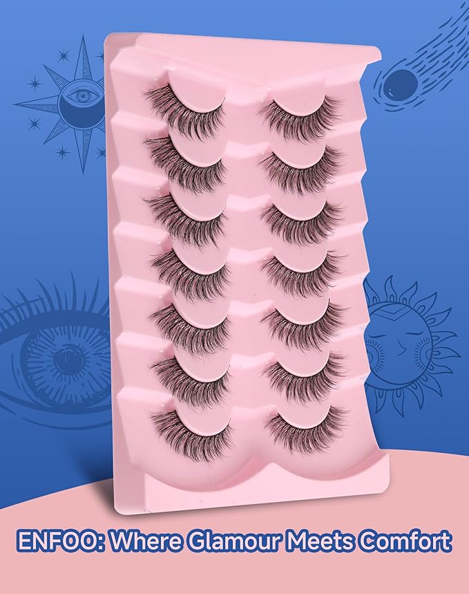 Natural Lashes Wispy False Eyelashes Strip Flared Natural Look Eyelash CatEye Lash Soft Lashes Fluffy Mink Eyelash Pack 7 Pairs 16MM D76