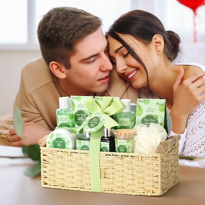 Spa Gift Basket - Tea Tree Bath Set With Shower Gel, Bubble Bath, Hand Cream, Soap, Salt, Essential Oil - Luxury Body Gift Kit for Women