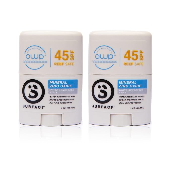 Surface Mineral Face Sunscreen Stick, Water Resistant, UVA/UVB Broad Spectrum, Fast Drying Protection, PABA Free - SPF 45 - CLEAR/WHITE (1 Pack)