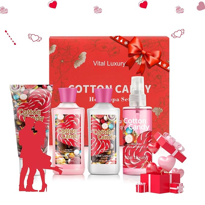 Cotton Candy Bath & Body Kit, 3 Fl Oz, Ideal Skincare Gift Home Spa Set, Includes Body Lotion, Shower Gel, Body Cream, and Fragrance Mist, Birthday Mother's Day Gifts