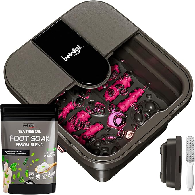 Beinilai Collapsible Foot Spa Bath with Heat,Bubble,Massage Rollers, Tea Tree Oil Foot Soak with Epsom Salt, Pedicure Foot File, Red Light,Removable Pumice Stone,Pedicure Foot Spa