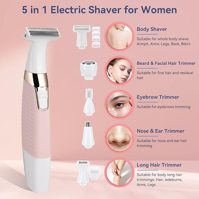 Face Razors for Women, BestMal Bikini Trimmer 5 in 1 Wet/Dry Electric Shaver Razors for Face Nose Eyebrow Beard Mustache Arm Leg Armpit Pubic Area Painless Rechargeable Facial Hair Removal for Women