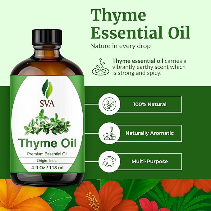 SVA Thyme Essential Oil – 4 Fl Oz – 100% Natural Thyme Oil - for Diffuser, Hair Care, Face, Skin Care, Aromatherapy, Scalp and Body Massage, Soap and Candle Making – with Dropper