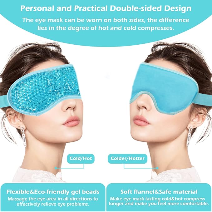 Permotary 2PCS Ice Gel Eye Mask Hot Cold Therapy Cooling Gel Beads Eye Mask,Reusable Hot Cold Compress Ice Eye Pack for Puffiness/Dark Circles/Eye Bags/Dry Eyes/Headaches/Migraines/Stress Relief