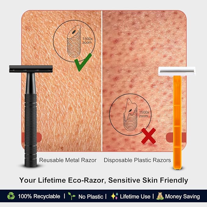 Matte Black Safety Razor, Single Blade Razors for Men, with 10 Stainless Steel Double Edge Blades, Reusable Metal 1 Blade Razor, Eco-Friendly, Smooth and Close Shave, Sustainable, Plastic Free