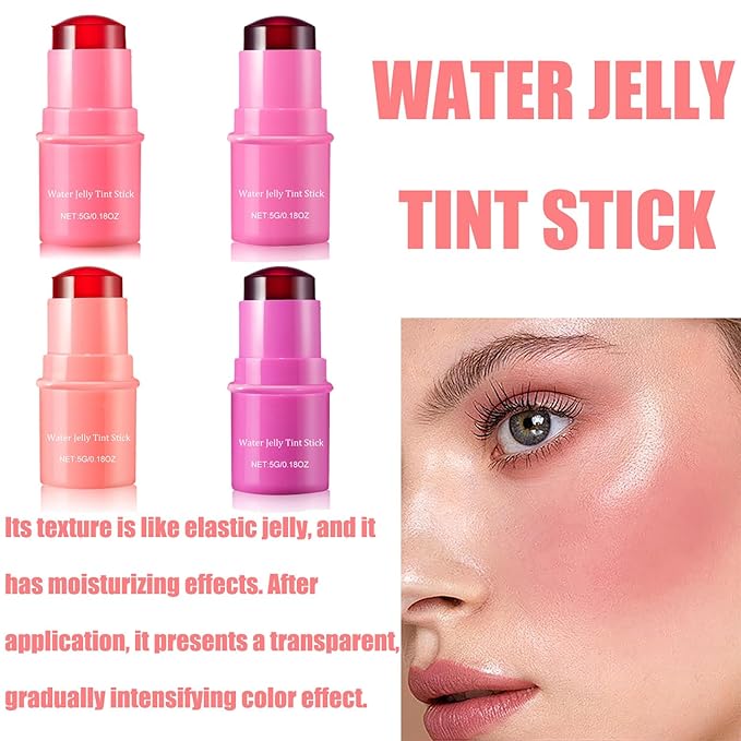 4PCS Milk Cooling Water Jelly Tint, Jelly Tint Makeup Jelly Blush Stick, Cruelty Free, Milk Jelly Blush, Blush Stick for Cheeks and Lips with Gift