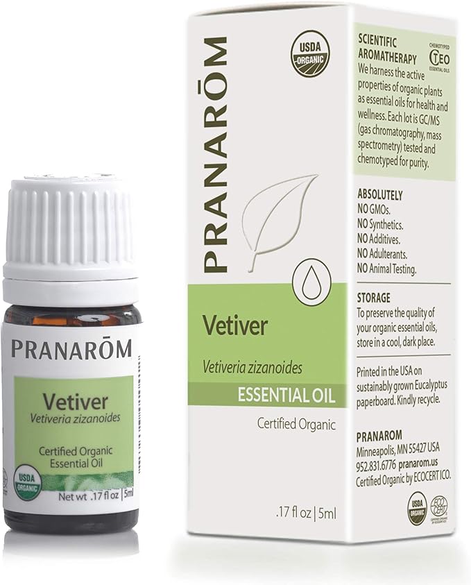 Pranarom USDA Certified Organic Vetiver Essential Oil (5ml), 100% Pure Undiluted Therapeutic Grade from Haiti & Madagascar for Aromatherapy, Diffuser, Calming, Relaxation, DIY, Massage Oil