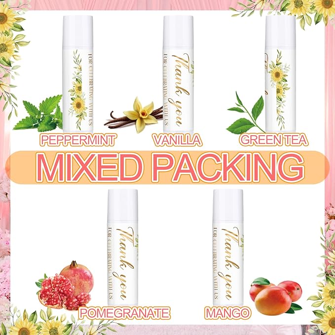 Dunzy 50 Pcs Thank You Gift Lip Balm Bulk Baby Shower Party Favors Bridal Shower Favor Lip Care with Assorted Fruit Flavors Thank You Lipstick for Guest Basket Gift Stuffer (Sunflower)