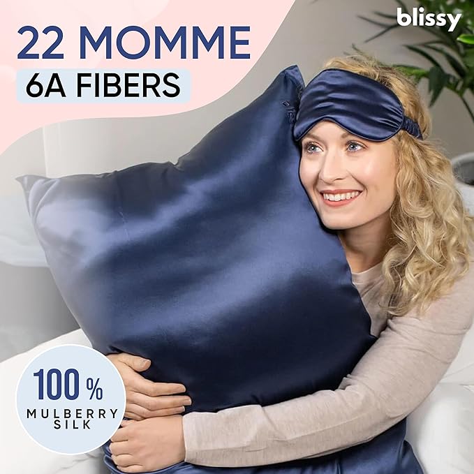 Blissy Silk Pillowcase - 100% Pure Mulberry Silk - 22 Momme 6A High-Grade Fibers - Silk Pillow Cover for Hair & Skin - Regular, Queen & King (Blue, Queen)