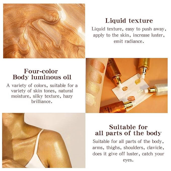 Shimmer Body Oil-Gold Face Brighten Glow Pearl Highlighter Liquid Illuminator Body Glow Oil,4 Color Bronze Makeup Glitter Body Shimmer Oil with Makeup Brush