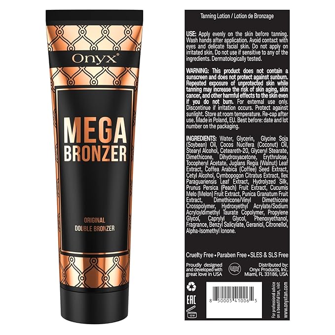 Onyx Mega Bronzer Indoor Tanning Lotion - Double Bronzing Tanning Lotion with Anti-Orange Formula - Gradual Tanning for Tanning Beds and Summer Essentials - White Bronzer for Stain-Free Effect