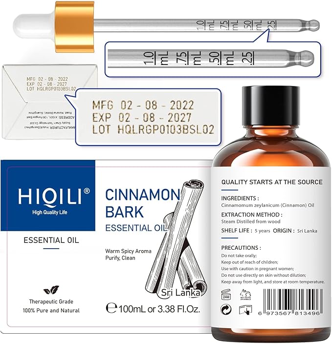 HIQILI Cinnamon Essential Oil for Spary, Diffuser, Garden and Kitchen - 100% Pure Natural - Indoor and Outdoor, 3.38 Fl Oz