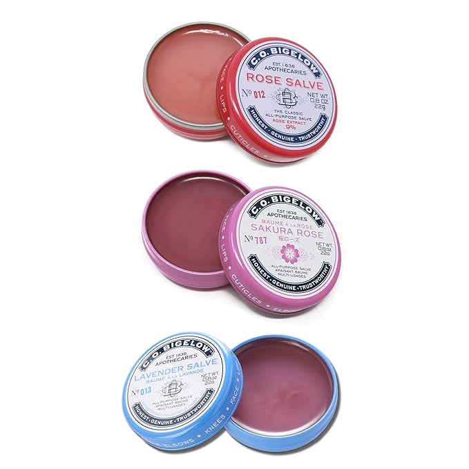 C.O. Bigelow All Purpose Salves, Variety Pack of 3 Lip Balm Tins for Chapped Lips & Dry Skin - Classic Rose, Lavender & Sakura Rose Moisturizing Lip and Skin Salves, 0.8 oz each