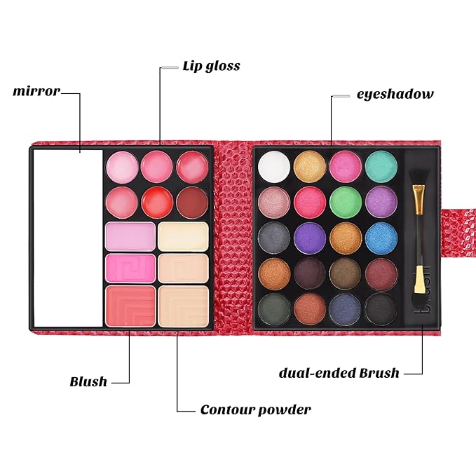 Boobeen All in 1 Makeup Palette kit - Colorful Eye Shadow Palette, Lip Gloss, Blush and Contour Powder to Define Face Shape, with Mirror&Brush, Make Up Gift for Women