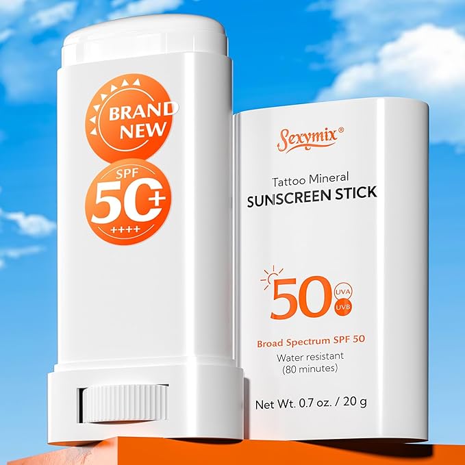 Sexymix Tattoo Sunscreen Stick, SPF 50 Waterproof Sunscreen Stick Broad Spectrum UVA/UVB Protection 0.7 oz with Zinc Oxide, Tattoo Aftercare Sunscreen for Tattoos Non-Dirty Hands Available (2 Packs)