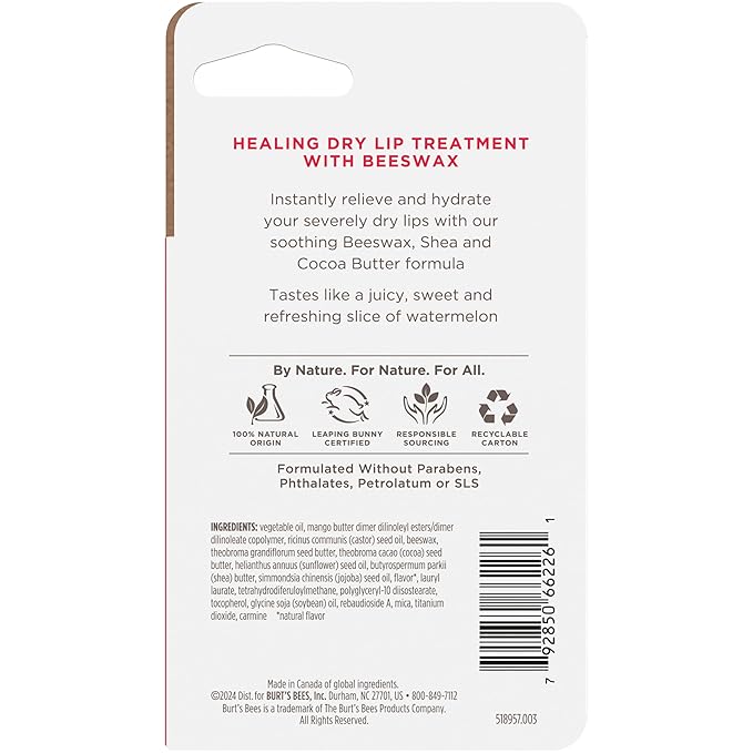 Burt's Bees Rescue Lip Relief, Watermelon, Hydrating Lip Balm for Dry Cracked Lips, with Responsbily Sourced Beeswax and Shea Butter, 100% Natural Origin, 1 Squeezy Tube, 0.35oz