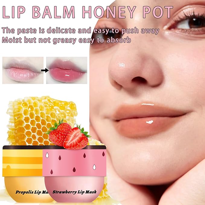 4 PCS Lip Mask Overnight, Honey&Strawberry Moisturizing Repair Sleeping Lip Balm, Fade Lip Lines Bee lip Balm, Hydrating &Prevention Dry and Crack Lip Scrubs Exfoliator (2 Honey & 2 Strawberry)