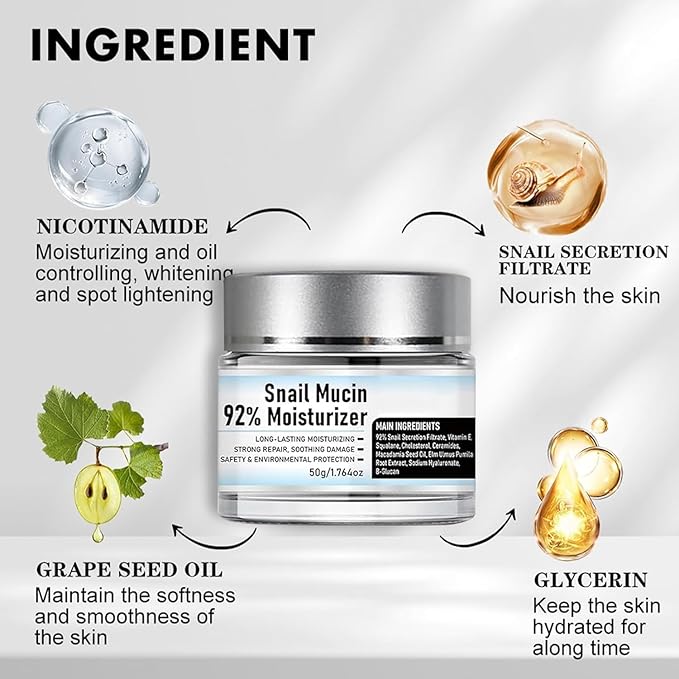 Crema de Baba de Caracol Original, Vitamin C Facial Serum 1.01 Oz, Snail Mucin 92% Moisturizer Daily Face Gel Cream1.76 Oz, Facial Cleanser 3.52 Oz for all skin type (3pcs)