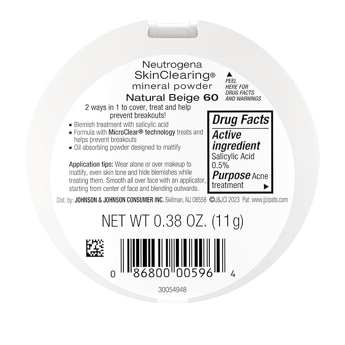 Neutrogena SkinClearing Mineral Acne-Concealing Pressed Powder Compact, Shine-Free & Oil-Absorbing Makeup with Salicylic Acid to Cover, Treat & Prevent Breakouts, Natural Beige 60,.38 oz (Pack of 2)