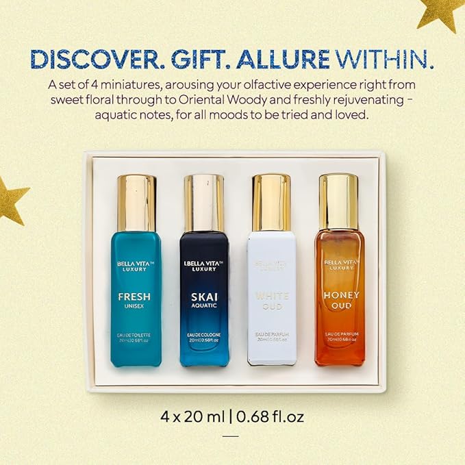 BellaVita Luxury Unisex Cologne Gift Set (4x20ml) | Fragrances Includes Honey OUD, SKAI, FRESH & White OUD | Travel Size Mini Perfumes & Spicy Vanilla Perfume Oil | Unisex Perfume for Women & Men