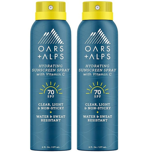 Oars + Alps Sunscreen Spray for Face & Body, SPF 70 Spray Sunscreen Infused with Vitamin C & Antioxidants, No White Residue, Water & Sweat Resistant, All Skin Types, Lightweight, Hydrating, 6oz, 2pk