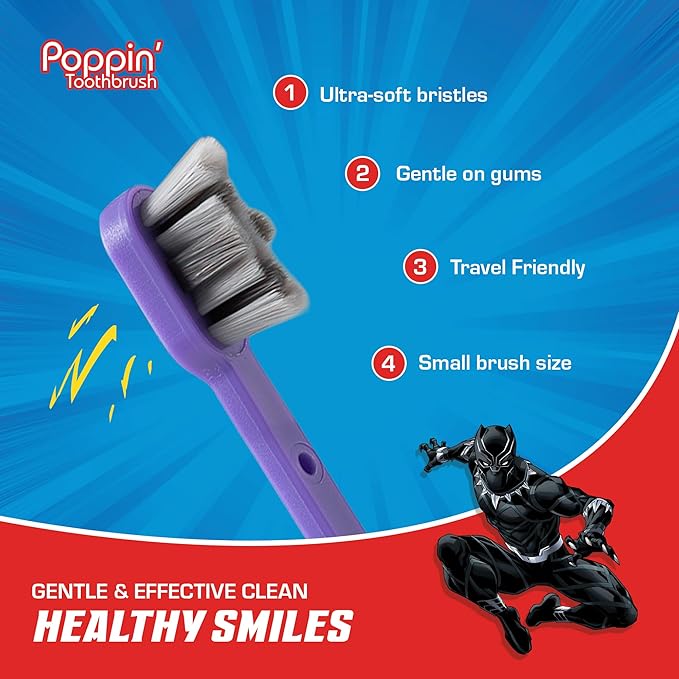 Brush Buddies Marvel Black Panther Kids Toothbrush, Soft & Rounded Bristles, Poppin' Fun Superhero Toothbrush