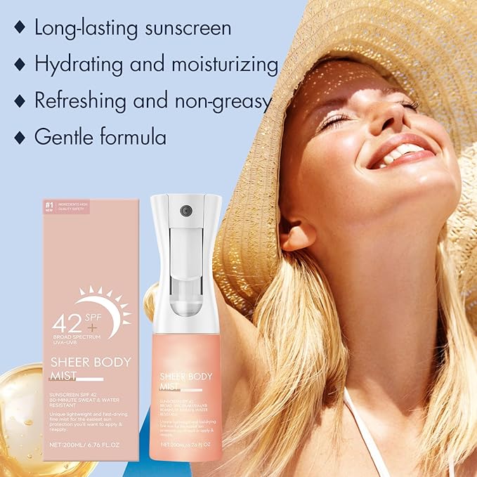 Sunglaze Sheer Body Mist Sunscreen SPF 42, Infused with Shimmering Body Oil, Hydrating Mist, Hydrates, Gives Skin a Glowy Finish, Lightweight, Gives Skin A Glowy Finish（6.7 Fl Oz）