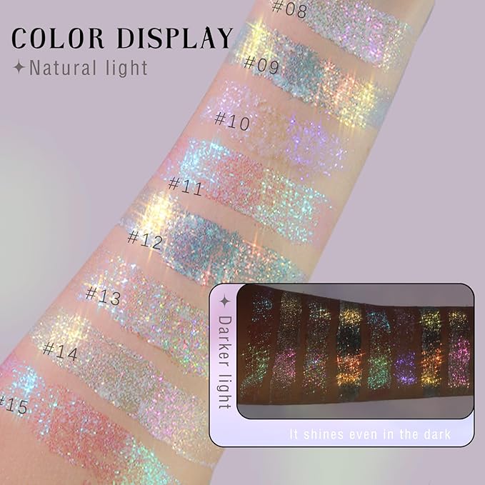 2 Colors Roll-on Body Glitter Gel, Holographic Glitter Gel Under Light for Face Hair, Body Shimmer for Rave Accessories Christmas New Year Halloween Makeup (8+12)
