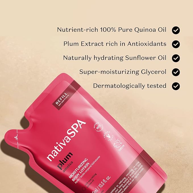 Nativa SPA by O Boticário, Plum Moisturizing Body Lotion Refill Pack, Fragranced Moisturizer Enriched with Purified Quinoa Drops to Boost Hydration, 13.5 Ounce
