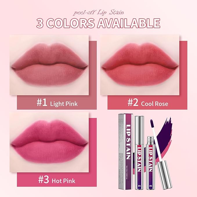 3 Pcs Peel Off Lip Stain Lip Tint Set, Lip Stain Peel Off Matte Lip Liner, Long-Lasting Lip Tint Stain Peel Off Lip Gloss, Waterproof Non-stick Cup Peel Off Lipstick Lip Stains for Women