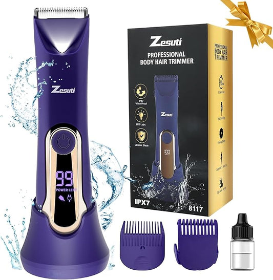 Bikini Trimmer for Women,Electric Razors for Women & LED Display,Wet/Dry Pubic Body Hair Trimmer,IPX7 Waterproof-Easy Cleaning Body Shaver Bikini Razor,Ceramic Blade,Women's Gifts,Purple