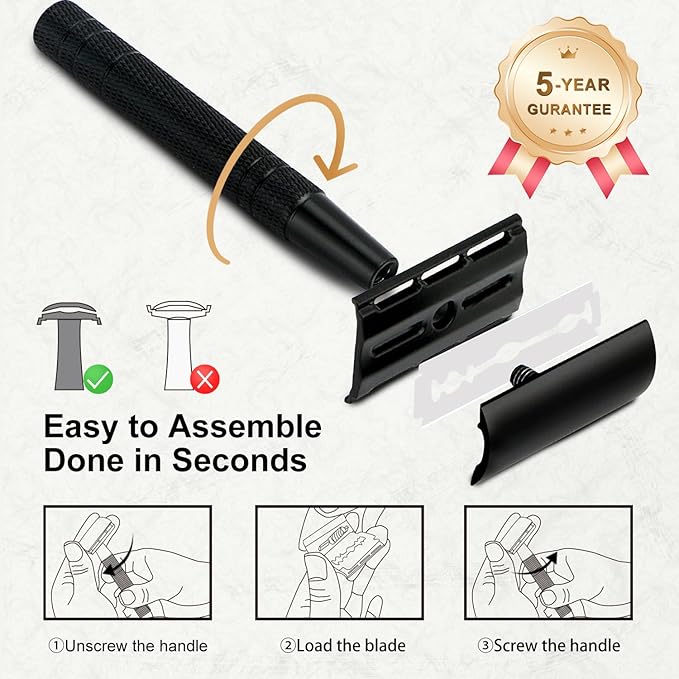 Double Edge Safety Razor with Stand, Single Blade Razors for Men and Women, Reusable Metal Razor, with 10 Stainless Steel Double Edge Blades, Smooth and Close Shave, Plastic Free, Matte Black