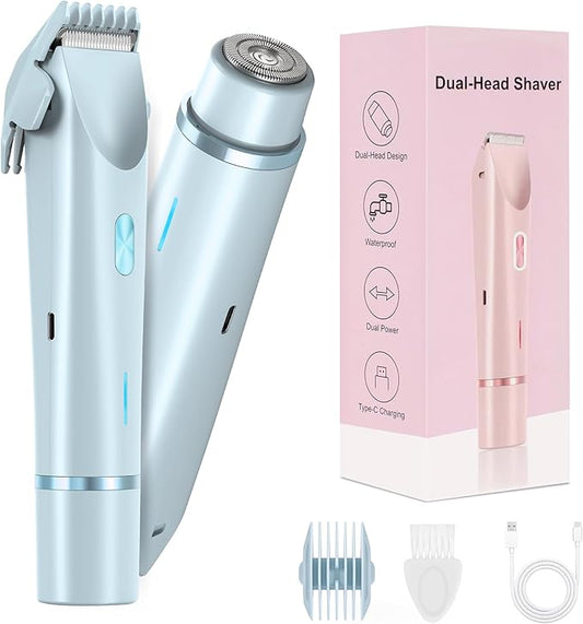 Bikini Trimmer for Women-2 in 1 Electric Razors for Women,USB Rechargeable Bikini Electric Shaver,IPX7 Waterproof Dry & Wet Use Body Hair Trimmer and Facial Hair Remover for Underarm Leg Body,Blue
