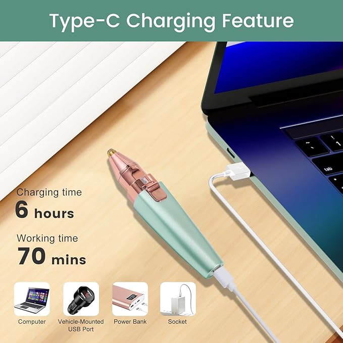 Hatteker Eyebrow Facial Trimmer, 2 in1 Rechargeable Hair Removal and Eyebrow Shaver - Face Lips Body Painless Razor with Built-in LED Light (Green)