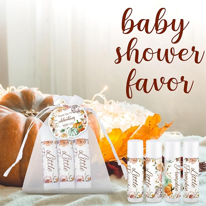 Demissle 50 Pcs Baby Shower Lip Balm Gift Set with 100 Pcs Organza Bags Baby Shower Party Favor for Guest Thank You Tag Rope Baby Shower Party Decoration Gender Reveal Souvenirs (Pumpkin and Flowers)