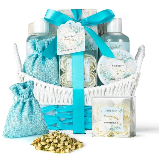 Mother's Day Gift for Mom Spa Gift Baskets for Women, Gardenia Tulip Home Spa Kit with Cosmetic Bag gift woman. Bath & Body Basket Set 8Pcs Bath and Body Gifts Set, Luxury Gift Basket