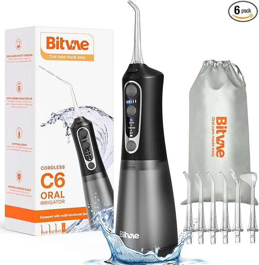 Bitvae C6 Water Flossers for Teeth - Cordless Water Dental Flosser Teeth Picks for Travel with 6 Jet Tips, 3 Modes 5 intensities, IPX7 Waterproof Portable & Rechargeable Oral Irrigator Cleaner, Black