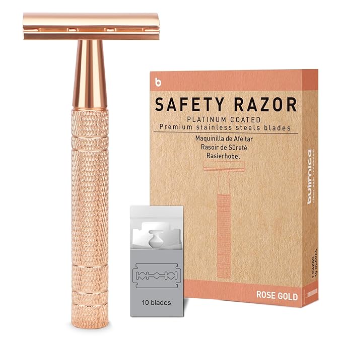 Matte Rose Gold Safety Razor, Single Blade Razors for Women, Reusable Metal Razor, with 10 Stainless Steel Double Edge Blades, Eco-friendly, Smooth & Close Shave, Plastic Free